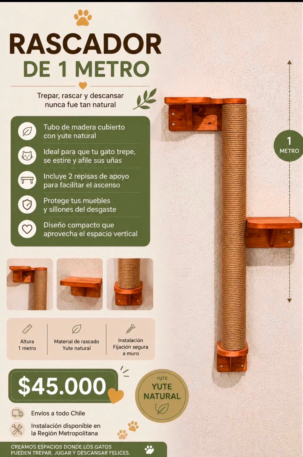 Rascador de 1 Metro + 2 Repisas + Base – Circuito vertical para explorar y liberar energía
